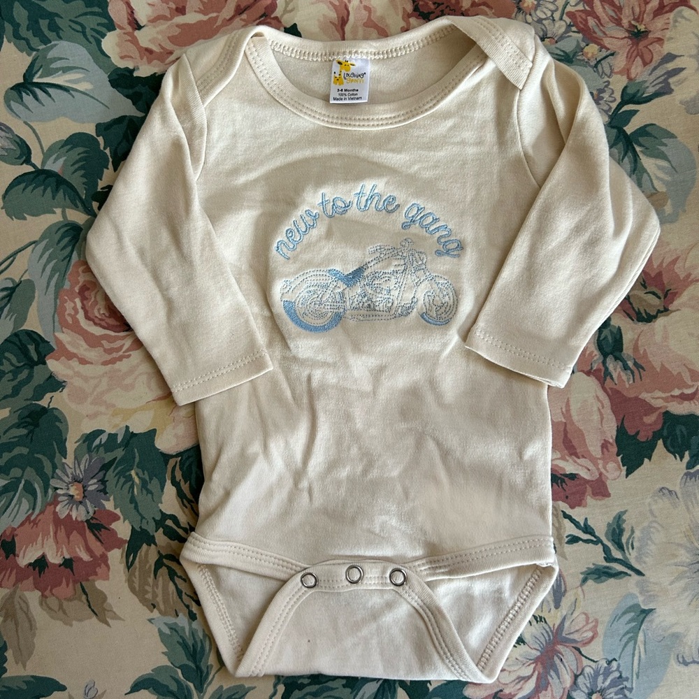 Cream Long-Sleeve Baby Bodysuit with Blue Motorcycle Embroidery
